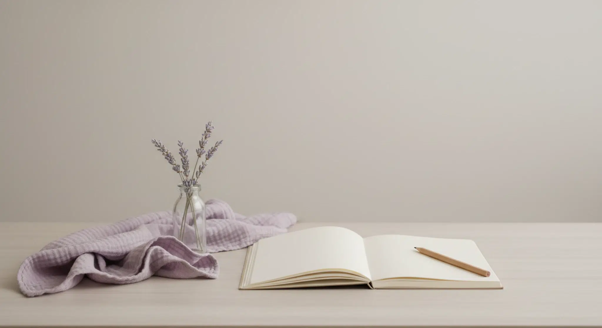 Blank cream notebook, pencil, a small glass jar of lavender sprigs and a folded lilac muslin baby blanket on a pale ash tabletop