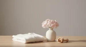 White ceramic vase with pale pink hydrangea blossoms on a wooden table, next to a folded white towel.