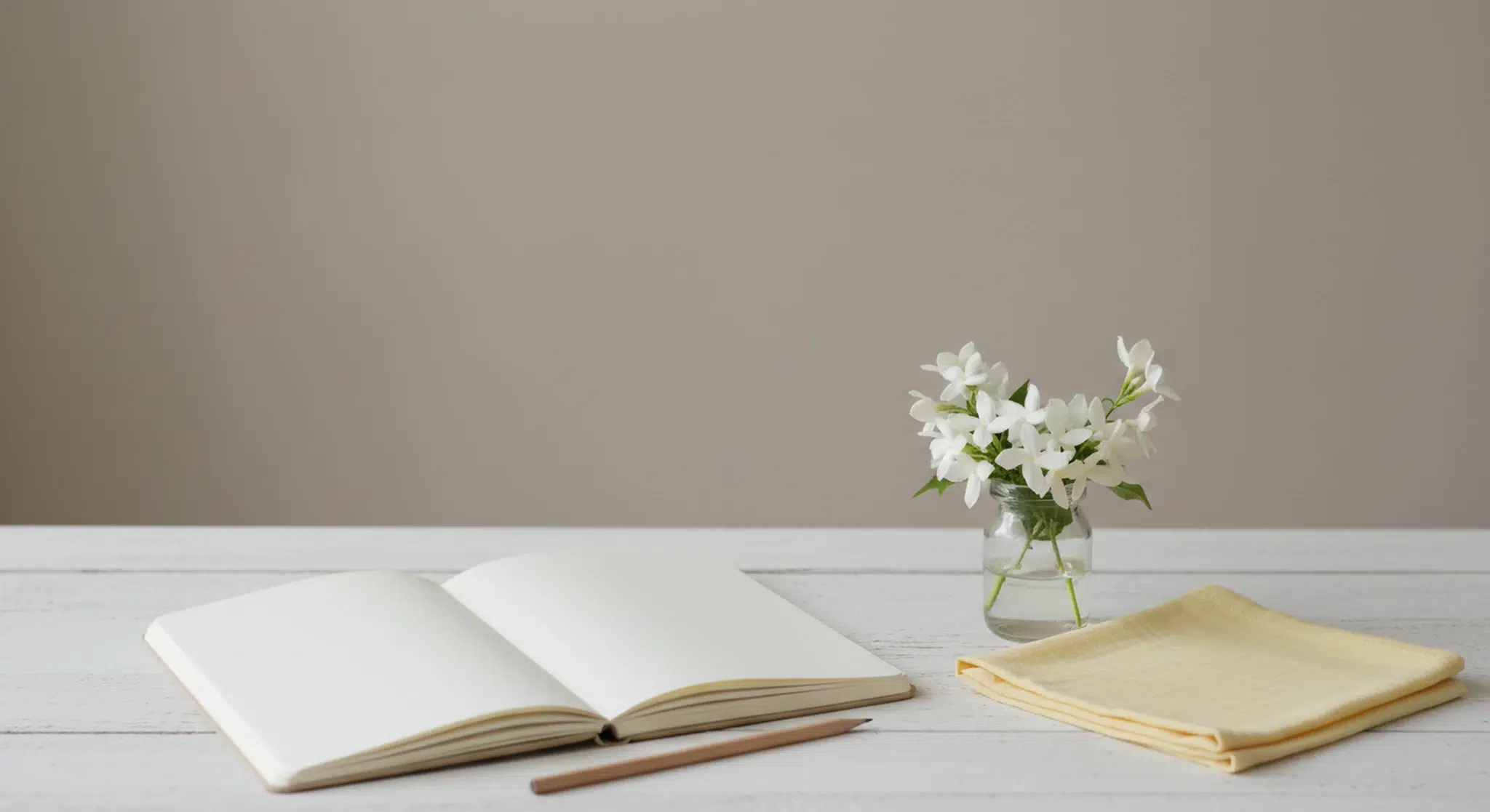 Open blank notebook and pencil beside a jar of white star-shaped flowers and a folded pale yellow muslin swaddle on a white-washed wooden table