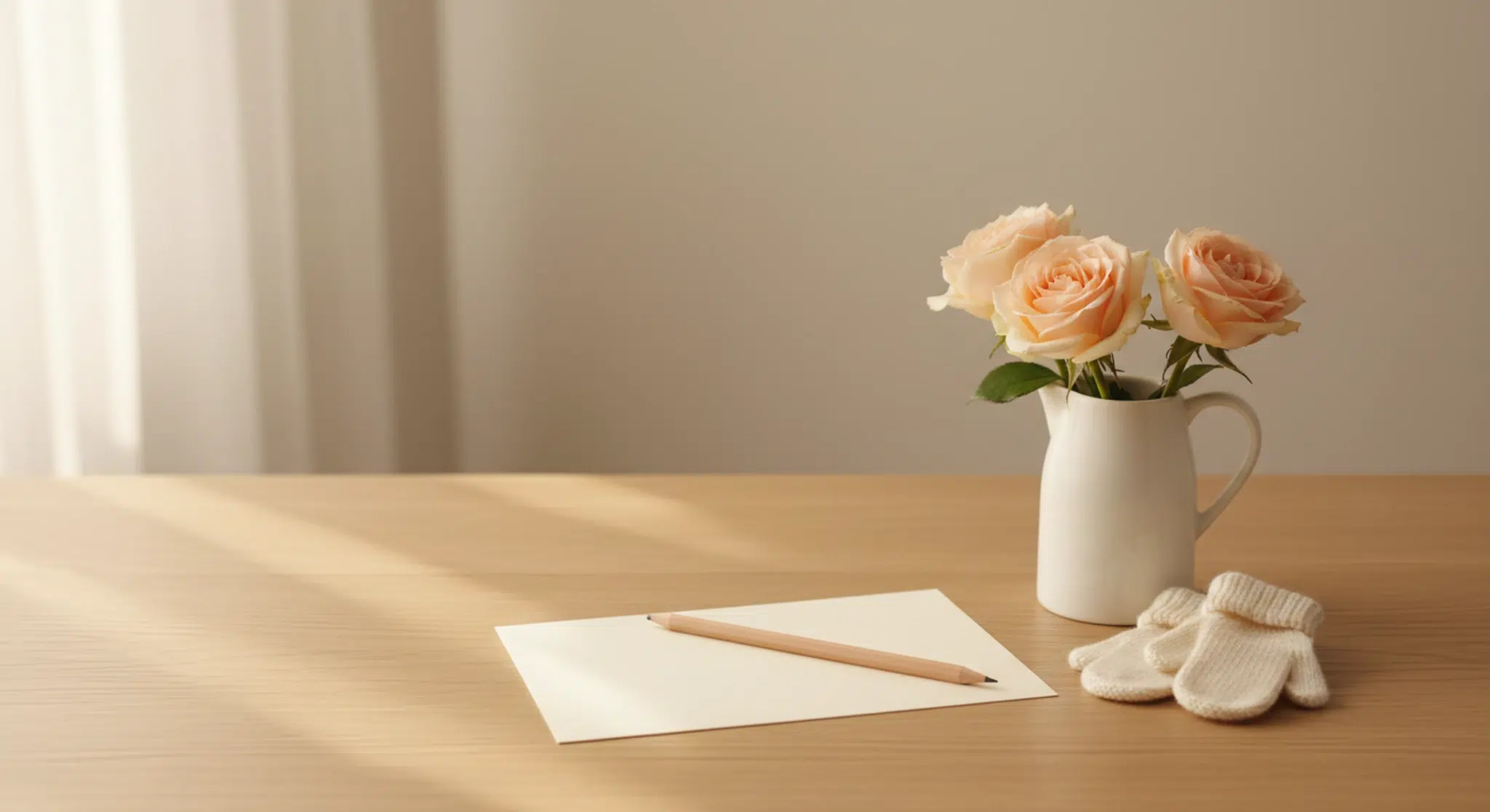 Blank cream notecard, pencil, a small white pitcher of pale peach roses and tiny cream knitted baby mittens on a light oak table