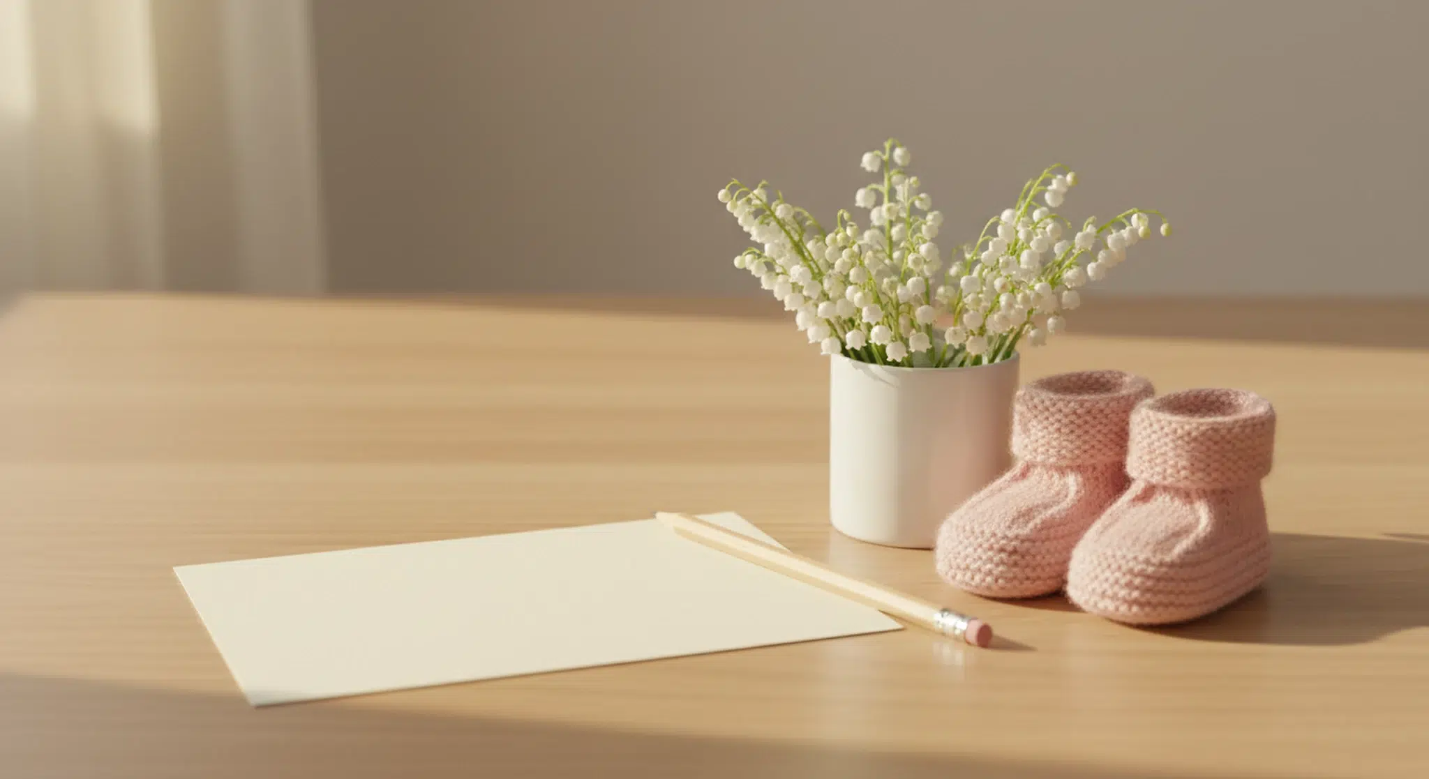 Blank cream notecard, pencil, a small cup of white lily-of-the-valley style blossoms and blush-pink knitted baby booties on a light maple table