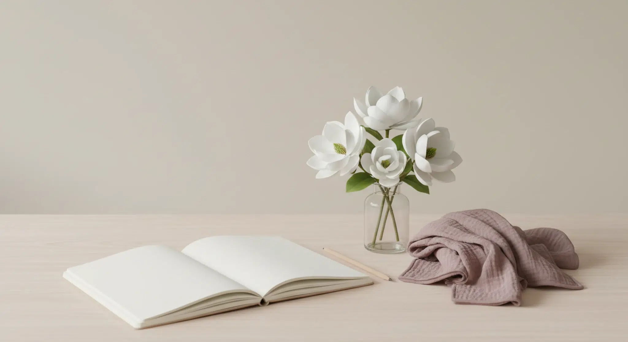 Blank cream notebook, pencil, a small glass of white magnolia-like blossoms and a folded dusty-mauve muslin baby swaddle on a pale birch tabletop