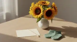Blank cream notecard, pencil, a small ceramic vase of yellow sunflowers and sage-green knitted baby socks on a light oak table