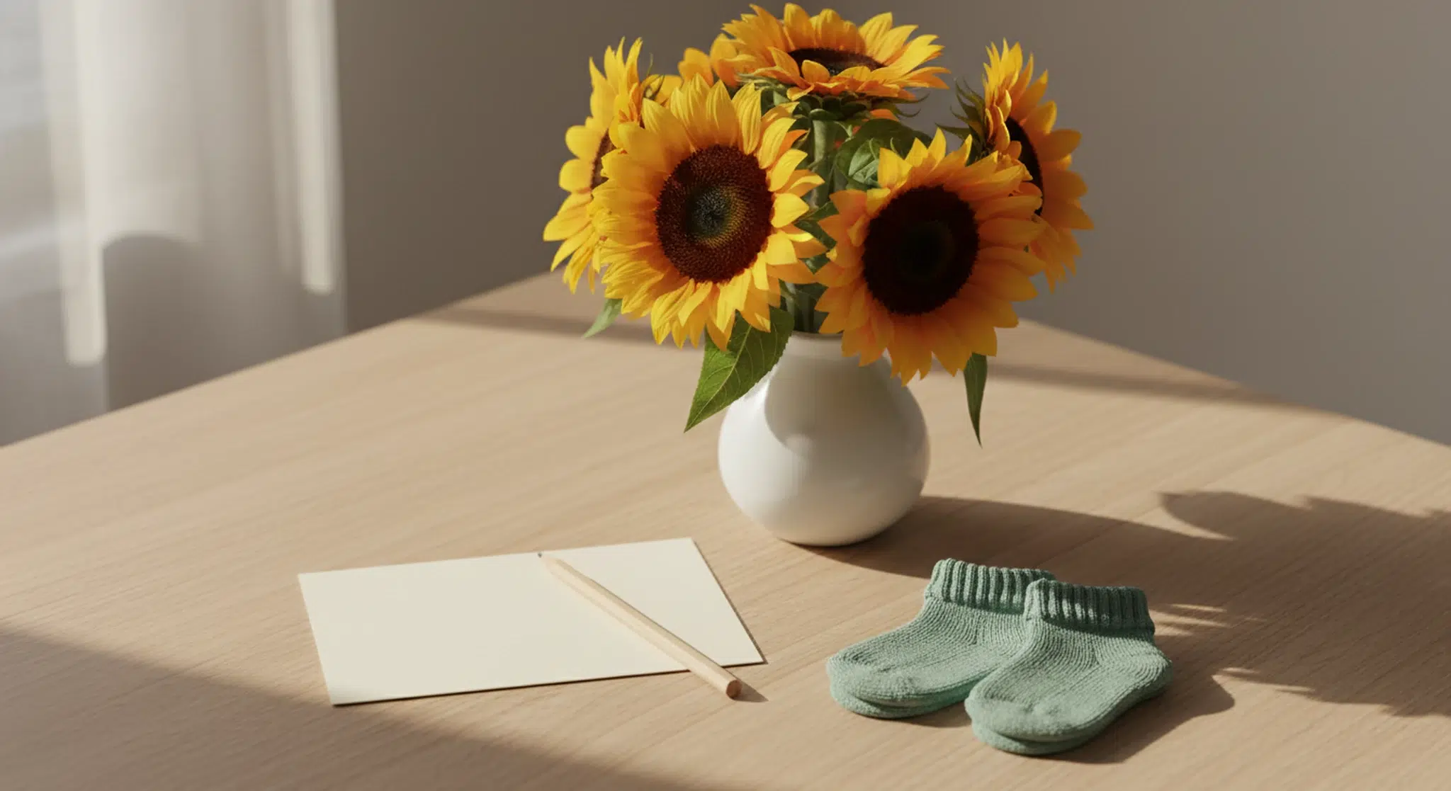 Blank cream notecard, pencil, a small ceramic vase of yellow sunflowers and sage-green knitted baby socks on a light oak table