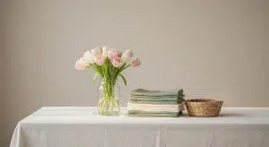 Pink and cream tulips in a clear glass jar beside folded sage and cream muslin swaddles and a small woven basket on a white linen tablecloth