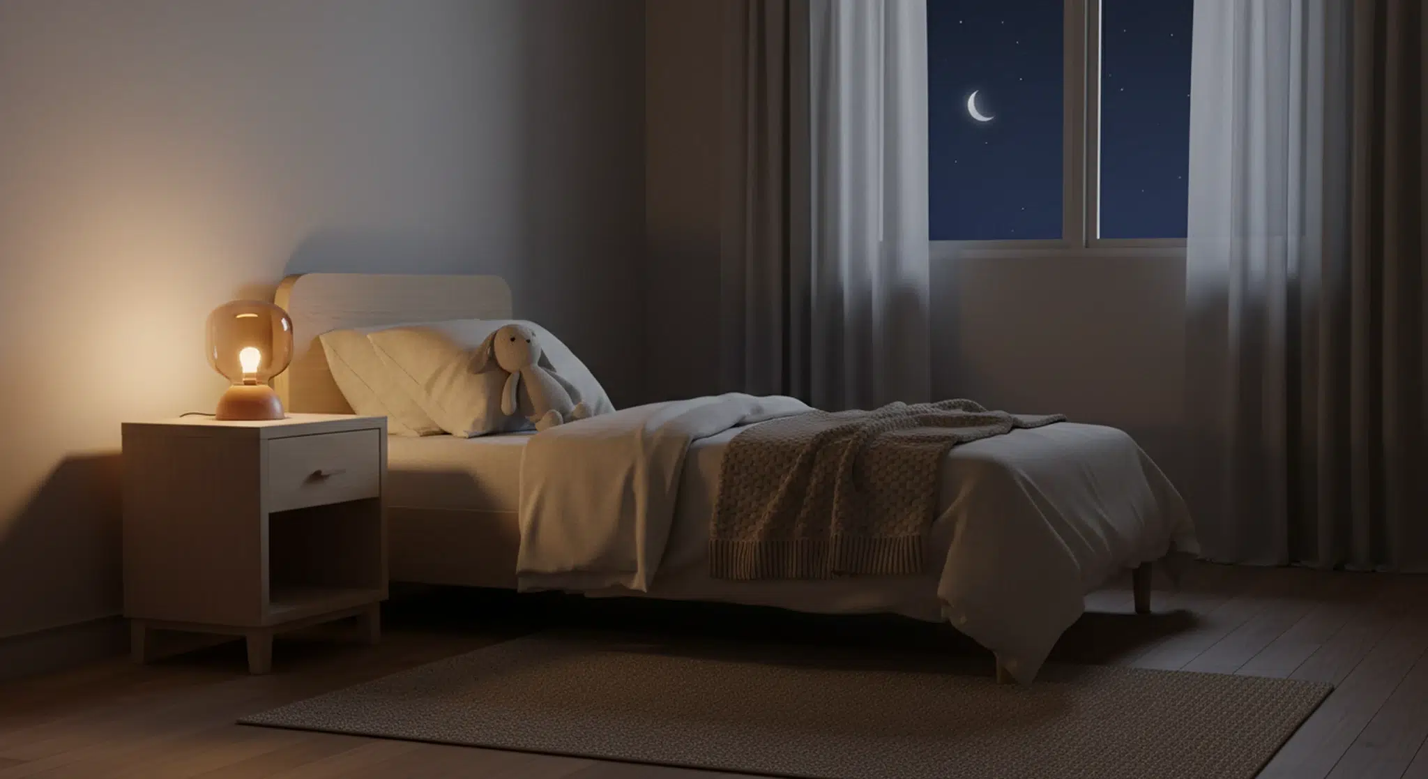 A softly lit child's bedroom at night with a glowing bedside lamp, a made bed with a stuffed bunny, and a crescent moon through the window