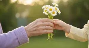 An older woman's hand and a little girl's hand holding a small bunch of daisies together in a sunny garden