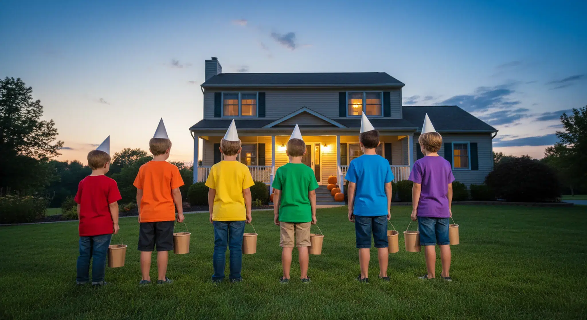 Six children seen from behind standing in a row on a lawn at dusk, each in a different rainbow color shirt and a paper party hat