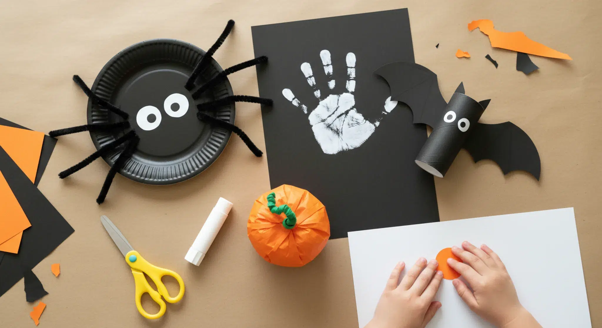 Overhead view of a kraft paper covered table with a paper plate spider, a handprint ghost, a paper bag pumpkin and a toilet roll bat, and a child's hands pressing a sticker
