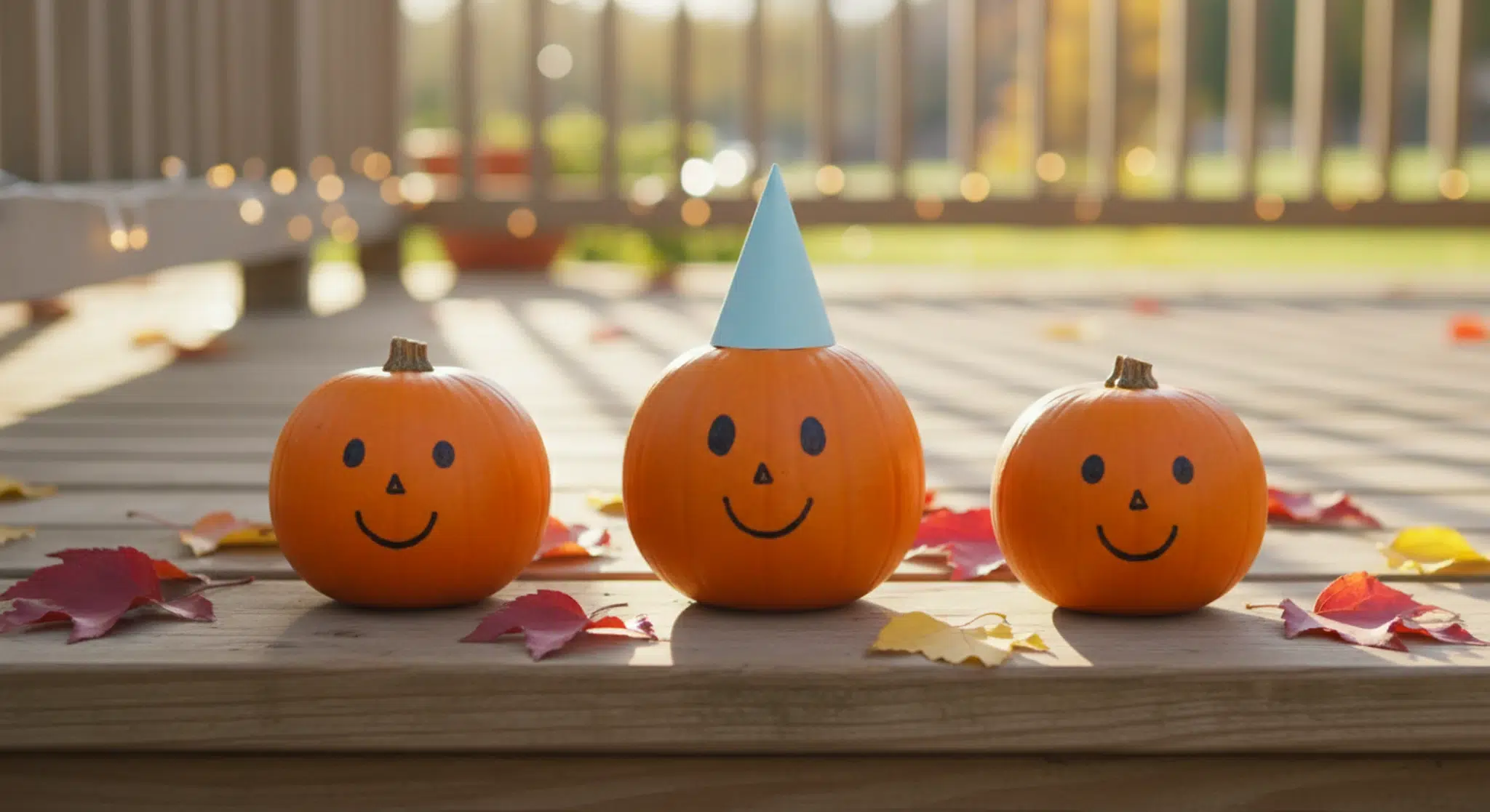Three small pumpkins with simple smiling faces drawn on, one wearing a tiny paper party hat, on a wooden porch step