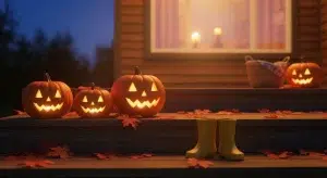 Carved pumpkins glowing on wooden porch steps at dusk beside a child's yellow rain boots and autumn leaves
