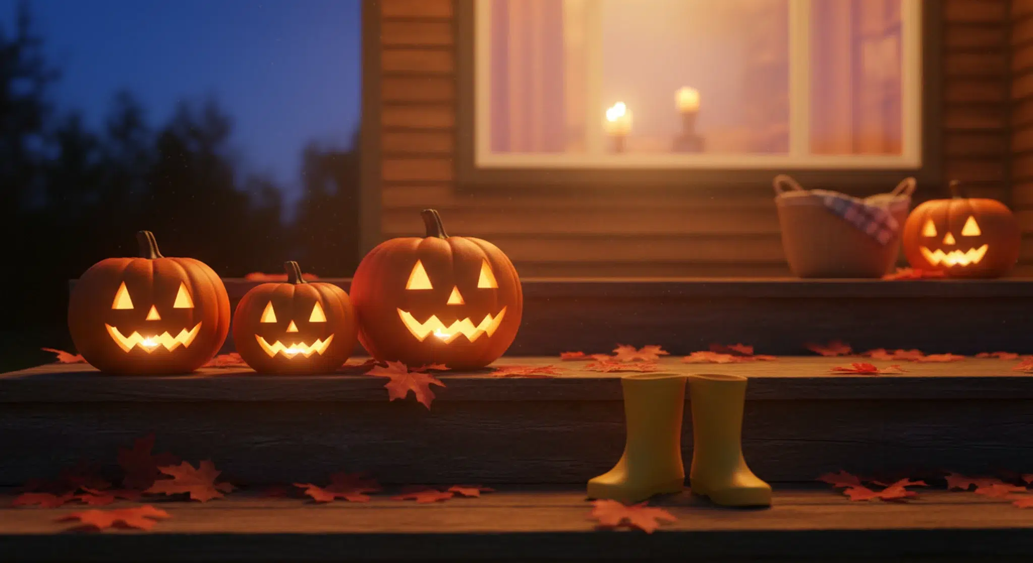 Carved pumpkins glowing on wooden porch steps at dusk beside a child's yellow rain boots and autumn leaves