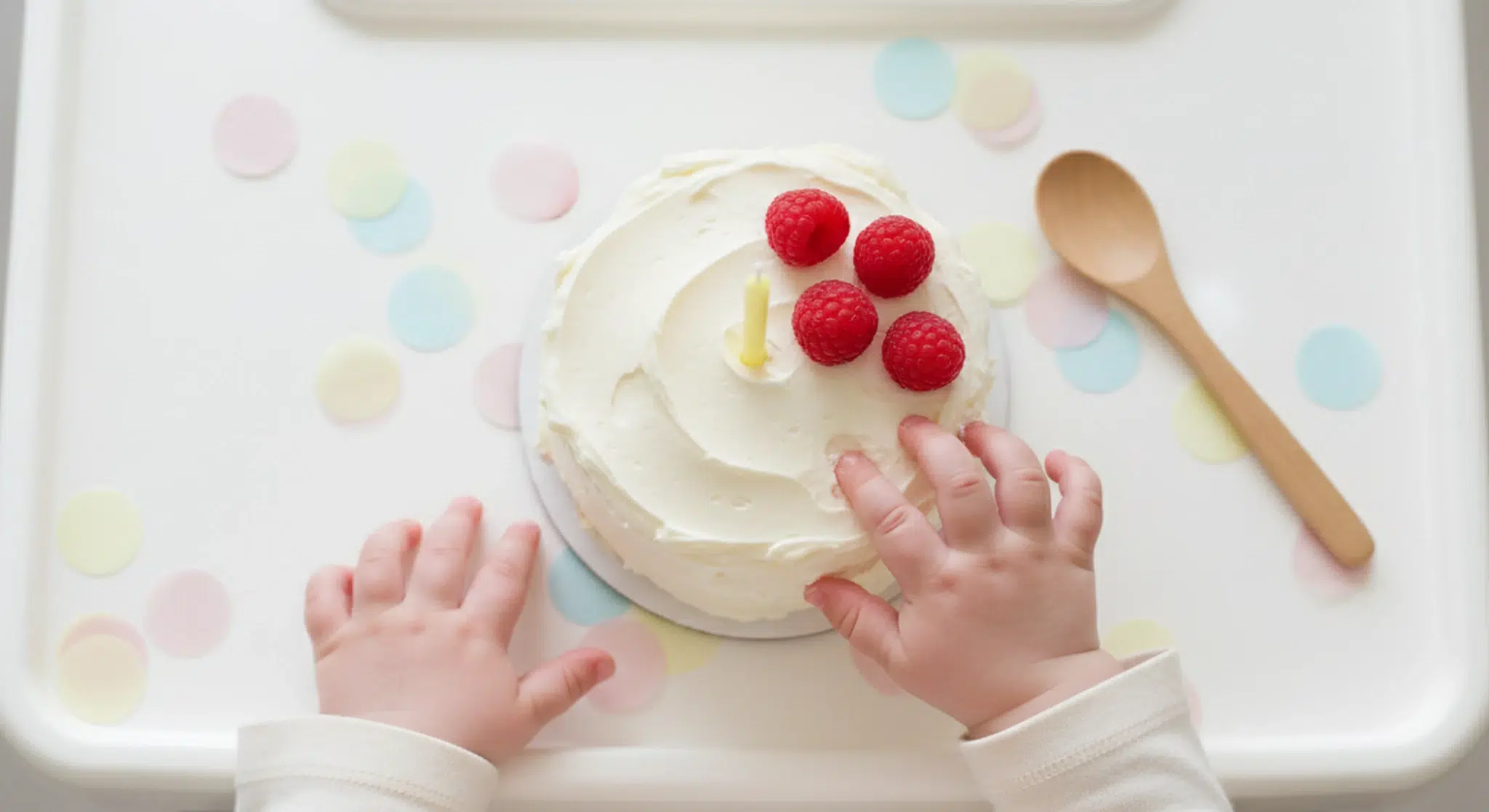 A baby's small hands reaching toward a little white frosted birthday cake with one candle on a high chair tray