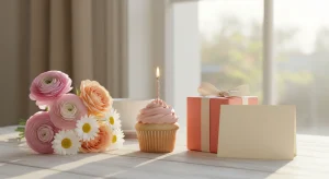 A small bouquet of pink and peach flowers beside a frosted cupcake with one lit candle and a gift wrapped in plain paper on a sunny table