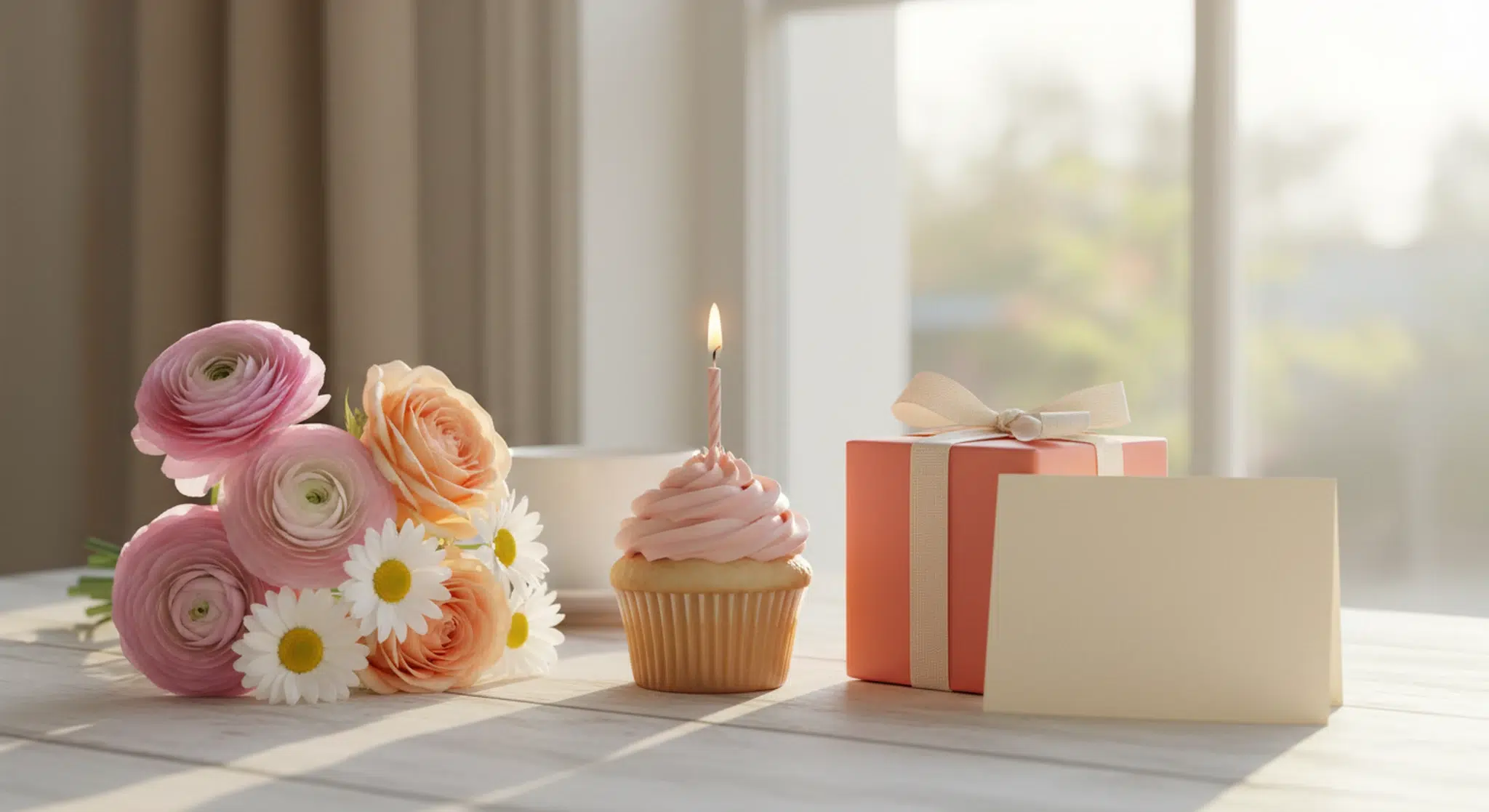 Happy Birthday Aunt 53 Wishes from Nieces Nephews and Kids | Betteroo A small bouquet of pink and peach flowers beside a frosted cupcake with one lit candle and a gift wrapped in plain paper on a sunny table