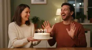 Adult brother laughing as his sibling brings out a birthday cake at a cozy family table