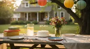 Backyard birthday table with a frosted cake and lit candles, lemonade, and paper lanterns hanging from a tree at golden hour