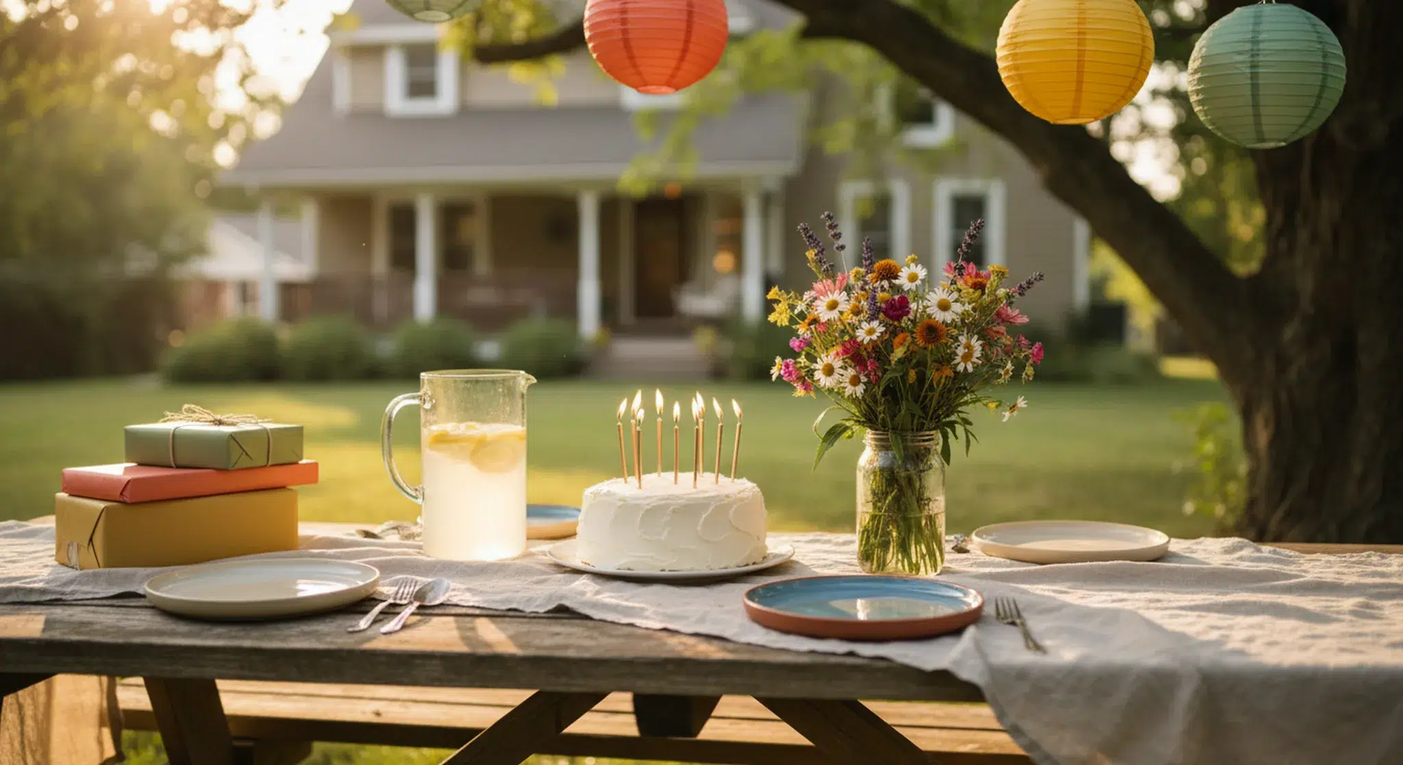 Backyard birthday table with a frosted cake and lit candles, lemonade, and paper lanterns hanging from a tree at golden hour