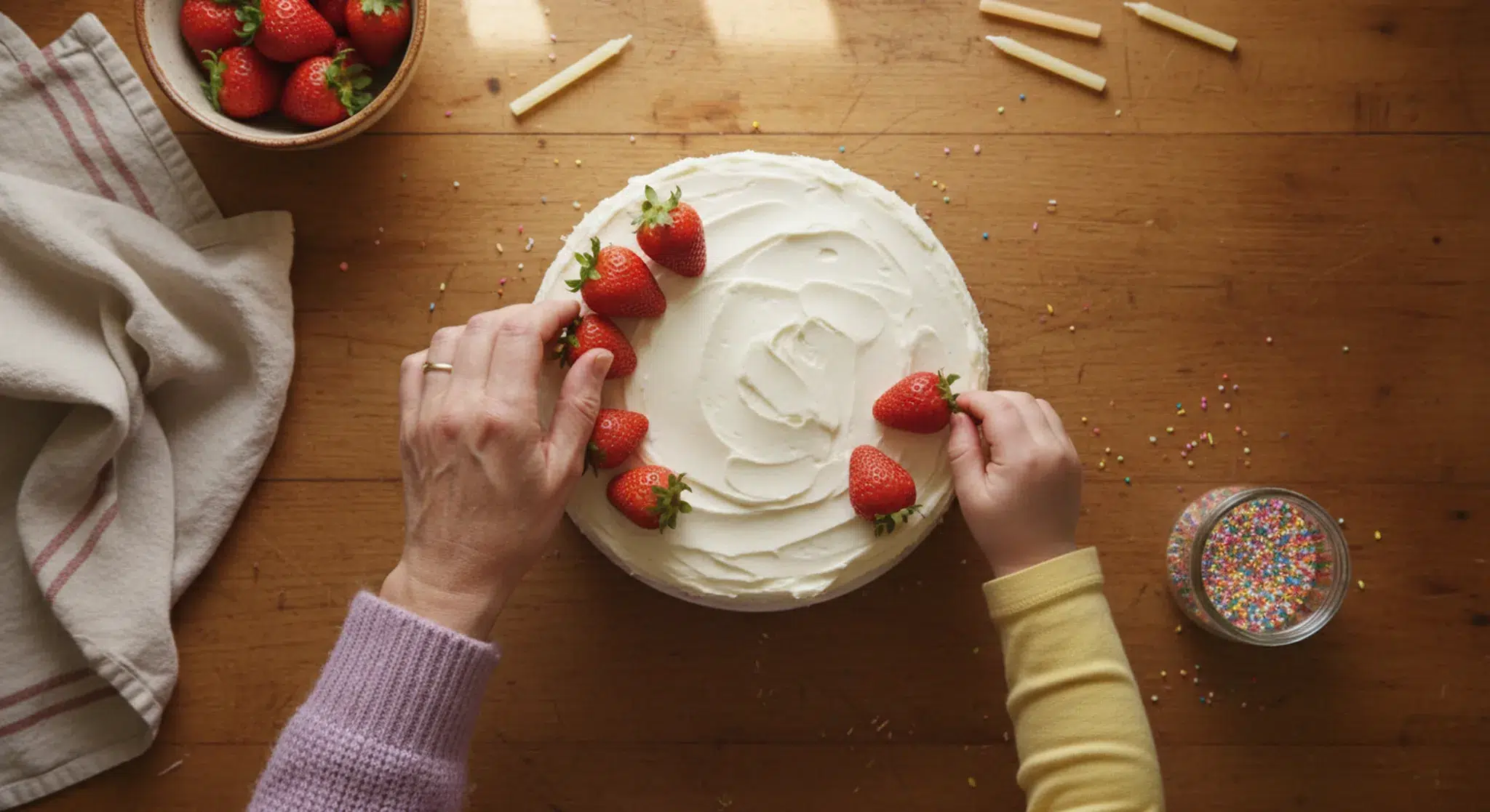 An older woman's hand and a small child's hand placing strawberries on a white frosted birthday cake, seen from above on a wooden counter