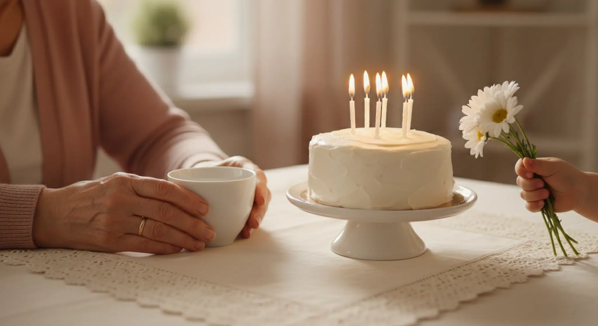 An older woman's hands around a teacup beside a small birthday cake with lit candles while a child's hand offers a bunch of daisies