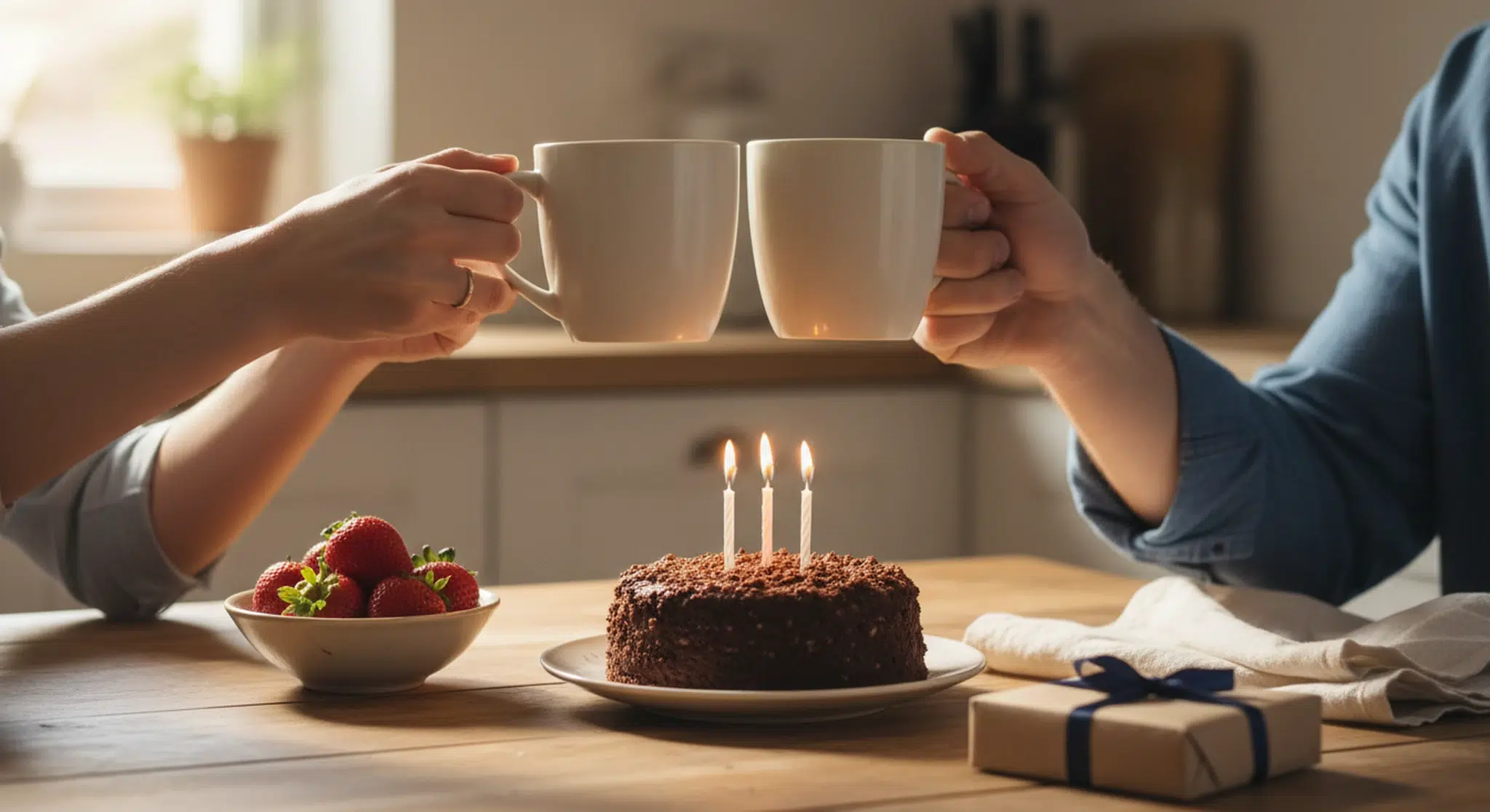 Two adults' hands clinking coffee mugs over a small homemade birthday cake with lit candles on a kitchen table in morning light