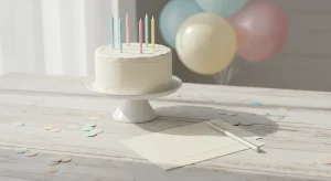 A small frosted birthday cake with unlit candles beside a blank cream card, envelope and pen, with pastel balloons and confetti