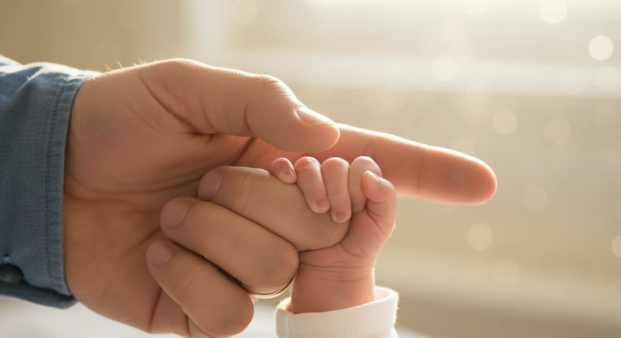 A baby's tiny hand wrapped around a father's finger, his plain gold wedding band catching soft morning light