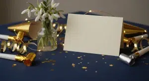 A blank cream card leaning against a vase of white flowers with gold paper party horns, streamers, star confetti and fairy lights on a navy tablecloth