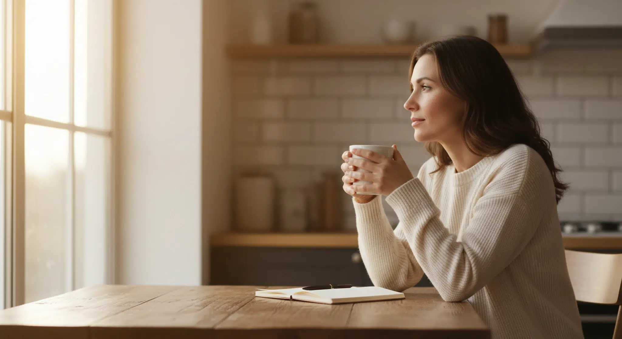 Woman sitting at a kitchen table with a mug and a closed notebook, looking out of a window in morning light