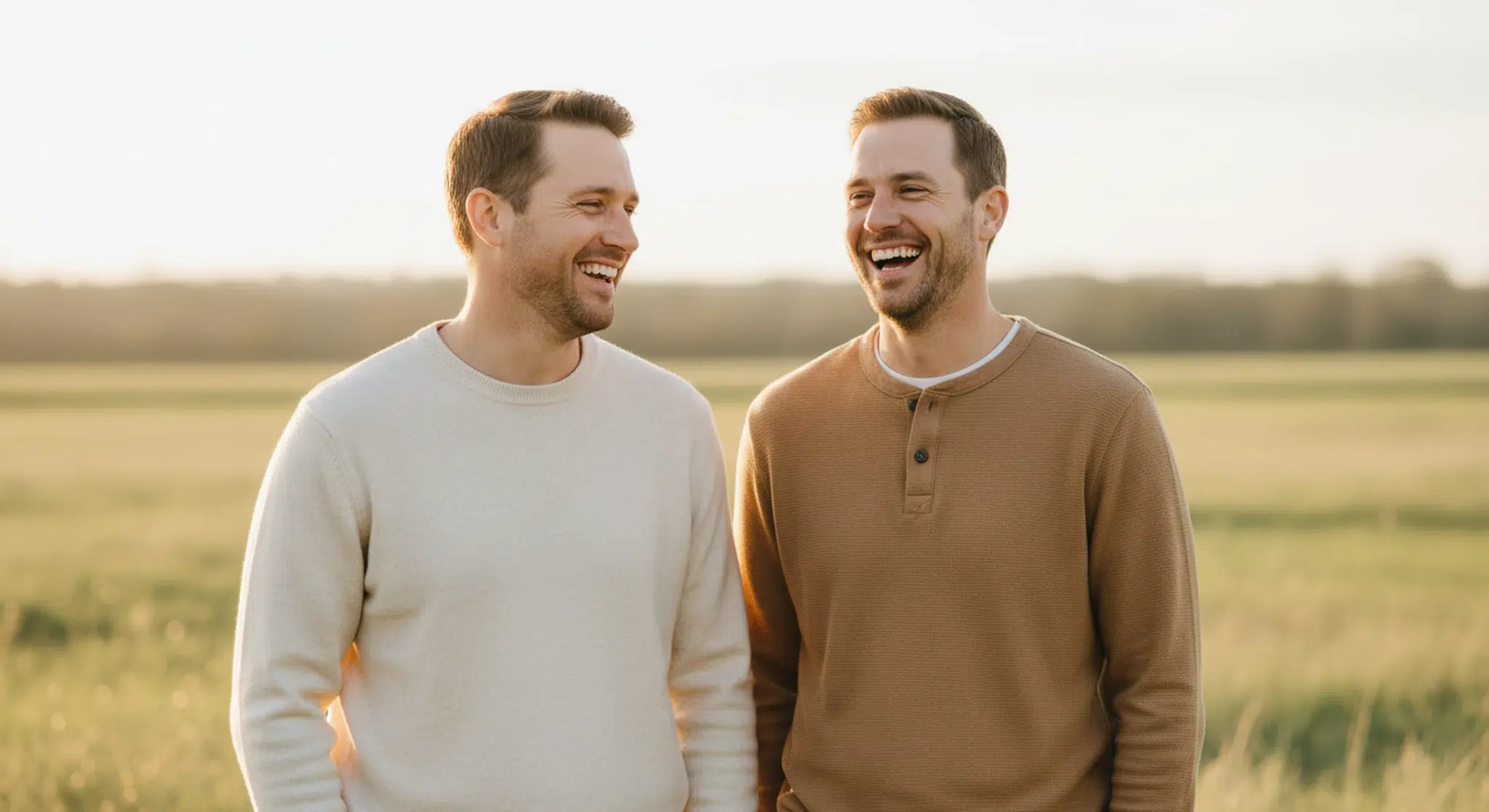 Two adult brothers standing side by side outdoors, laughing warmly at golden hour