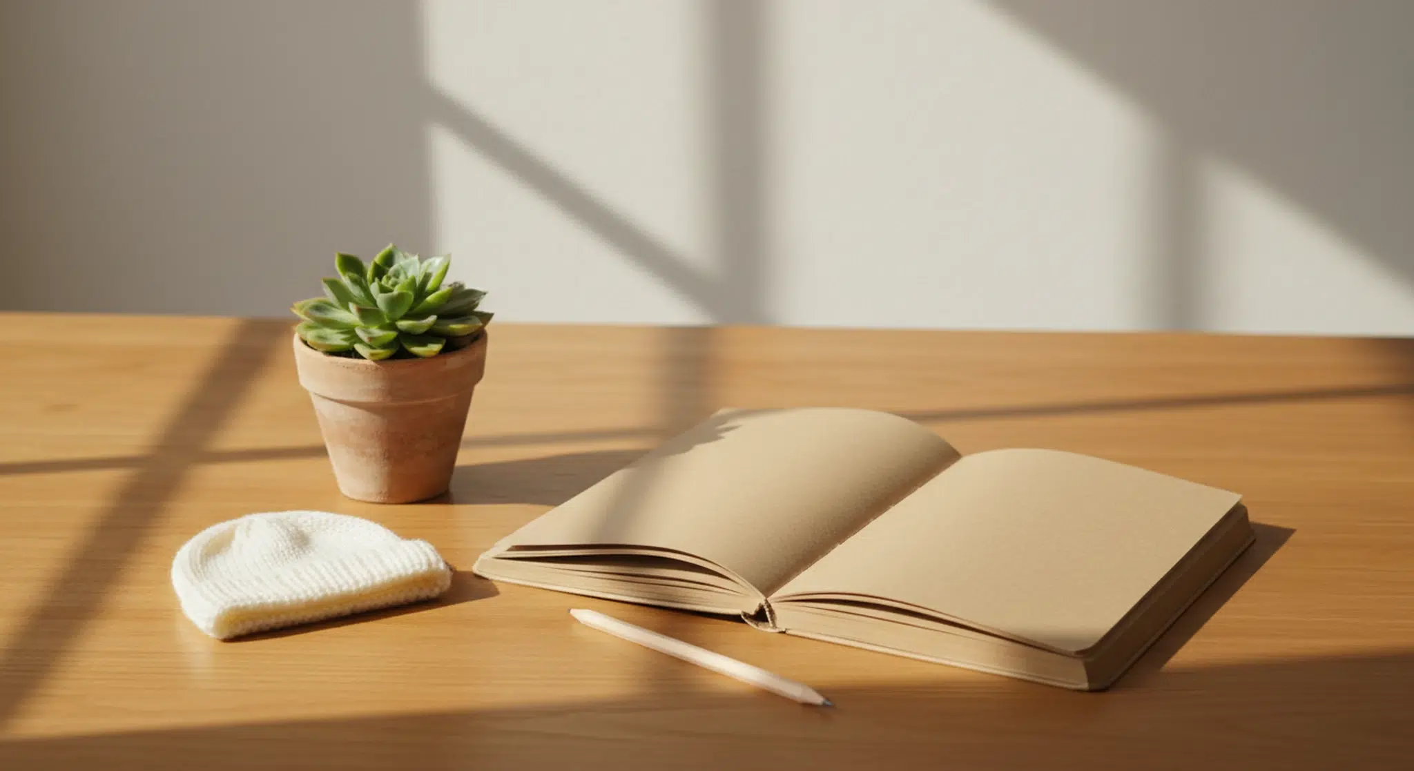 Blank kraft notebook, pencil, tiny cream knitted baby hat and a small terracotta pot with a green succulent on a sunlit wooden table