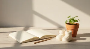 Blank notebook, pencil, tiny knitted baby booties and a small terracotta pot with a green plant on a sunlit wooden table