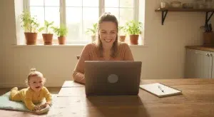 Mother at a kitchen table on a laptop video call taking notes while her baby plays on a play mat nearby