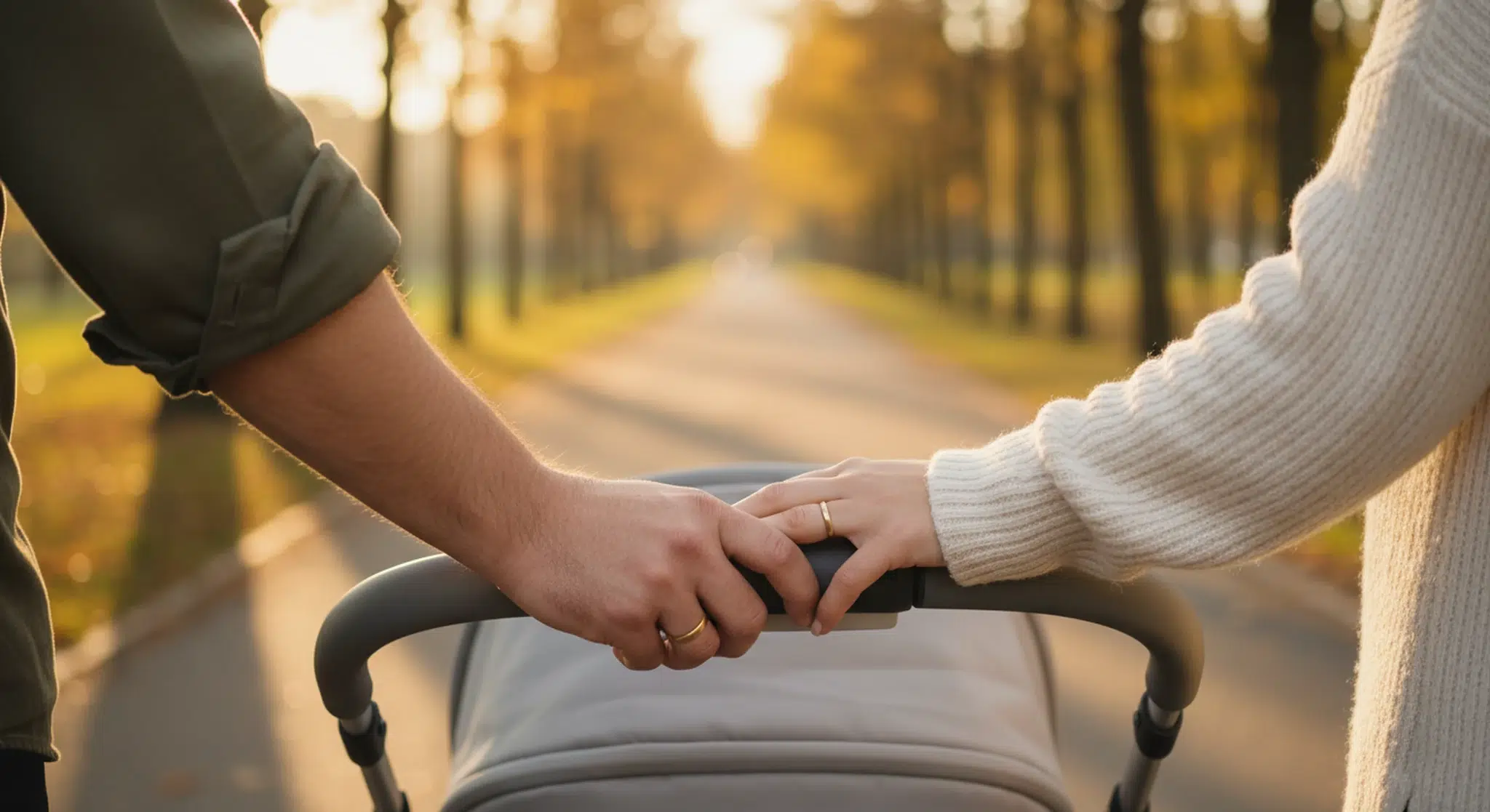 A couple's hands with wedding bands resting together on the handle of a baby stroller on a tree-lined path at golden hour