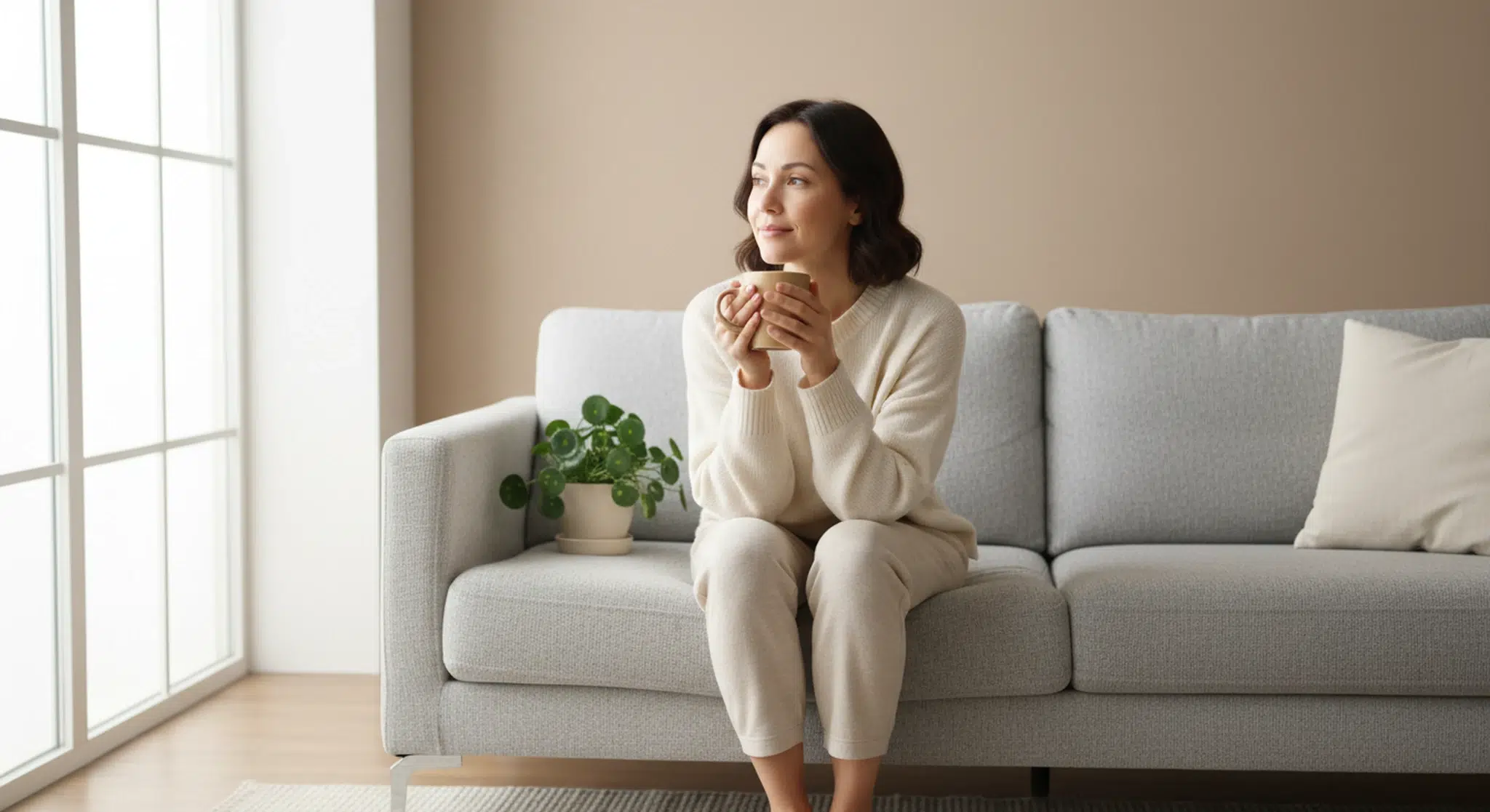 A calm woman sitting on a sofa holding a mug and looking thoughtfully toward a sunny window