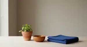 A small potted green plant, a turned wooden bowl and a folded deep-blue cotton baby blanket on a light wooden table