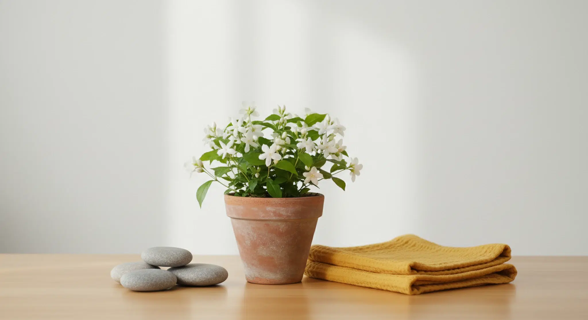 Indian Girl Names 124 Beautiful Names with Origins and Meanings | Betteroo A small potted jasmine plant in bloom, smooth river stones and a folded saffron-colored baby blanket on a light wood table