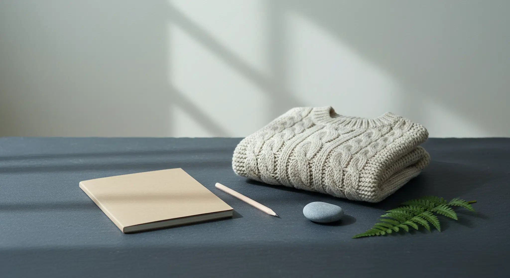 Blank kraft notebook, pencil, folded oatmeal cable-knit baby sweater, a smooth gray stone and a fern sprig on a dark slate surface