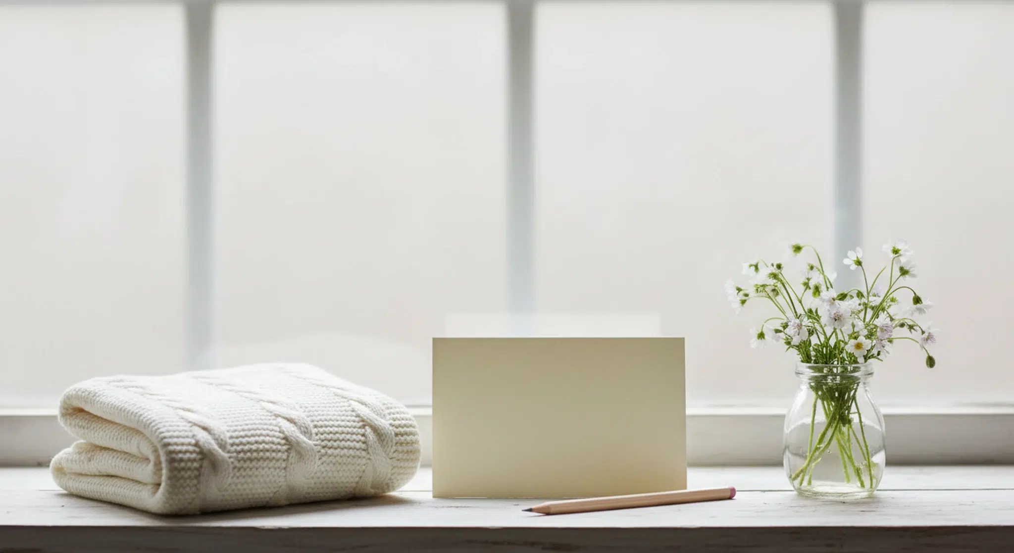 Blank cream notecard, pencil, folded cream cable-knit baby blanket and a glass jar of white and purple wildflowers on a pale wooden windowsill