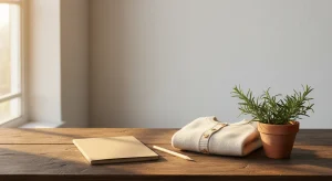 Blank kraft-paper notebook, pencil, folded oatmeal knit baby cardigan and a terracotta pot of rosemary on a dark wooden table in warm side light