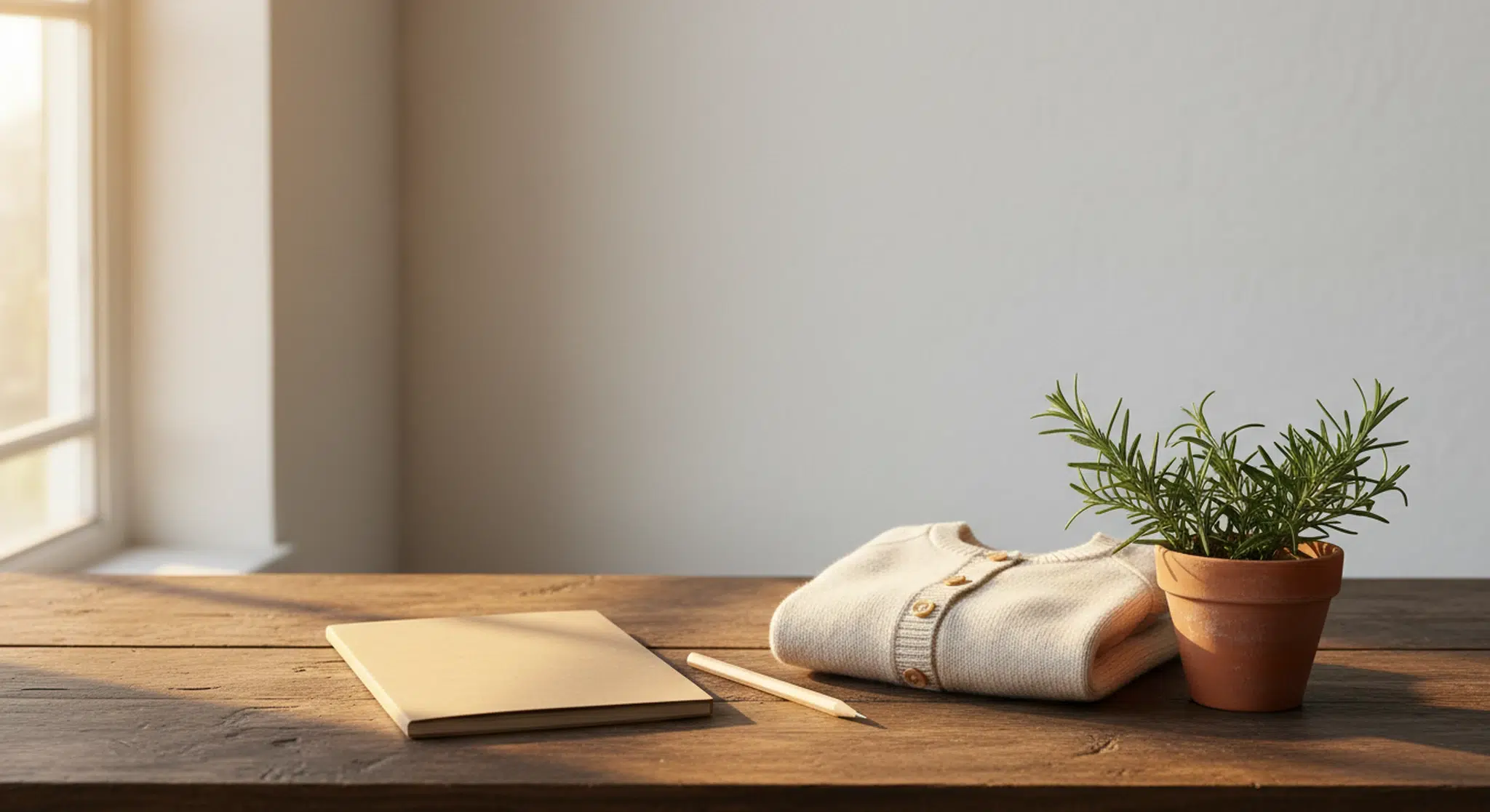 Blank kraft-paper notebook, pencil, folded oatmeal knit baby cardigan and a terracotta pot of rosemary on a dark wooden table in warm side light