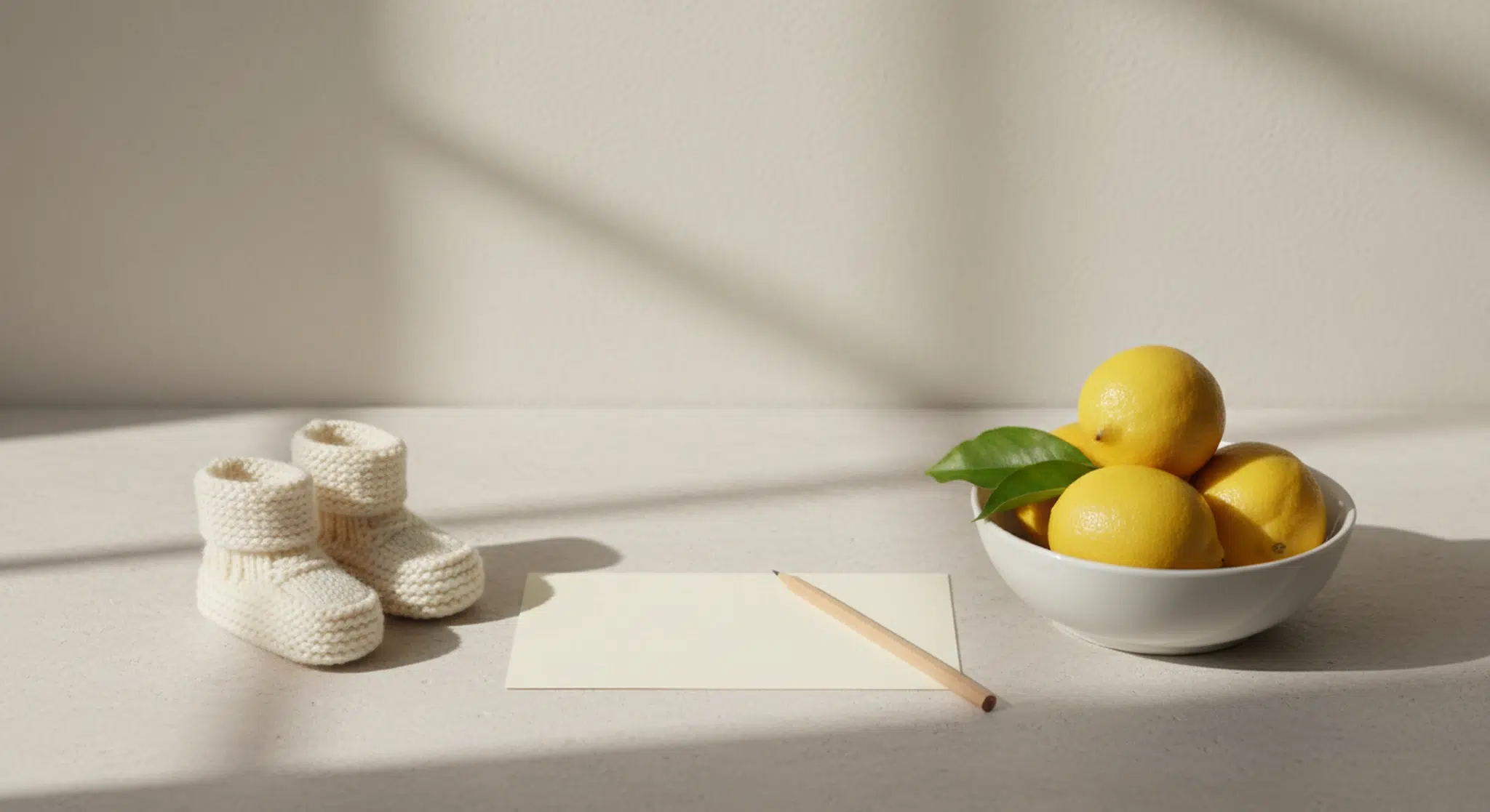 Blank cream notecard, pencil, tiny knitted baby booties and a white bowl of whole lemons with green leaves on a pale stone tabletop in morning light
