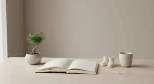 Blank notebook, pencil and tiny knitted baby booties beside a small potted green plant and a plain ceramic cup on a pale wooden table