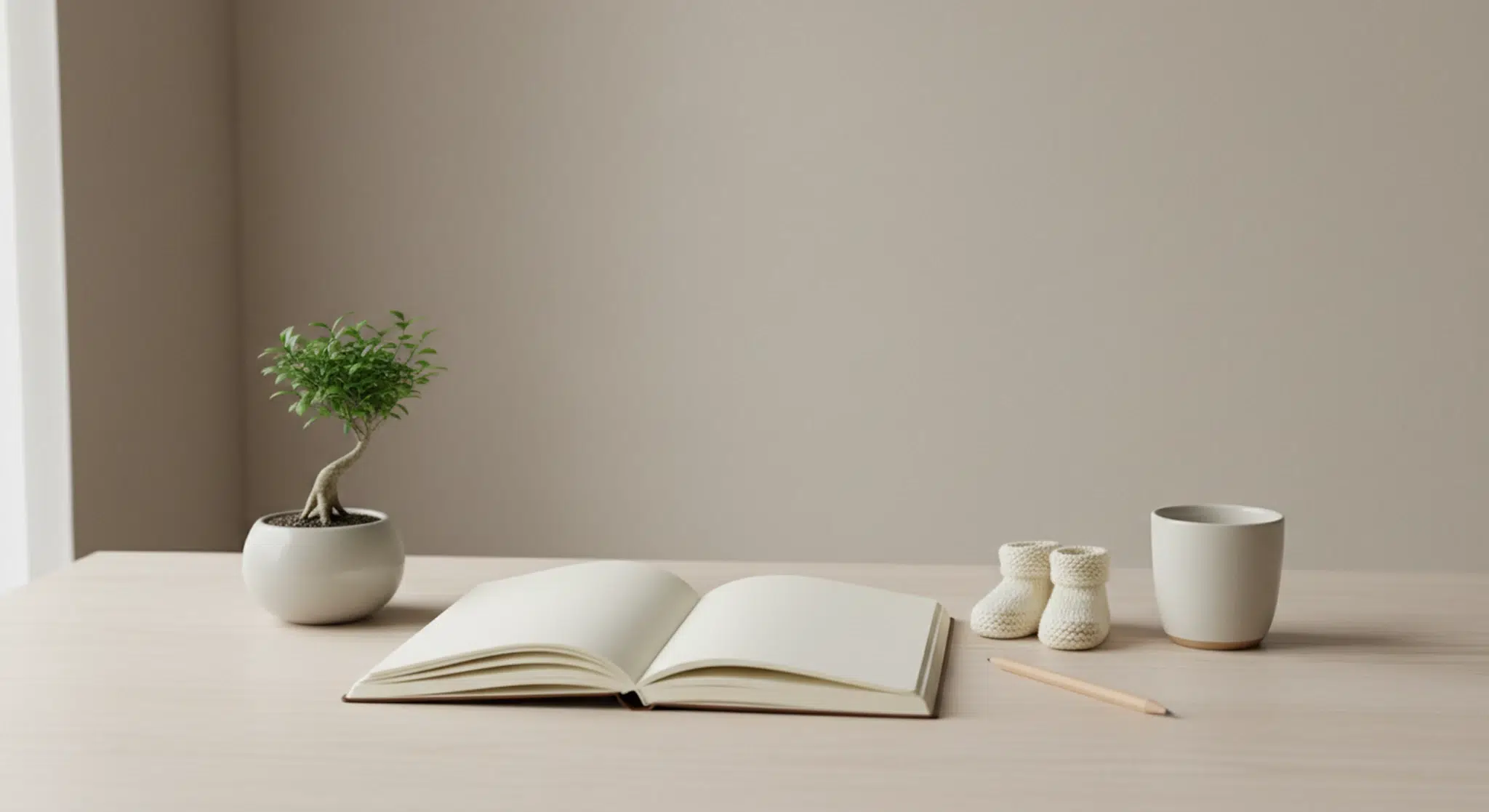 Blank notebook, pencil and tiny knitted baby booties beside a small potted green plant and a plain ceramic cup on a pale wooden table