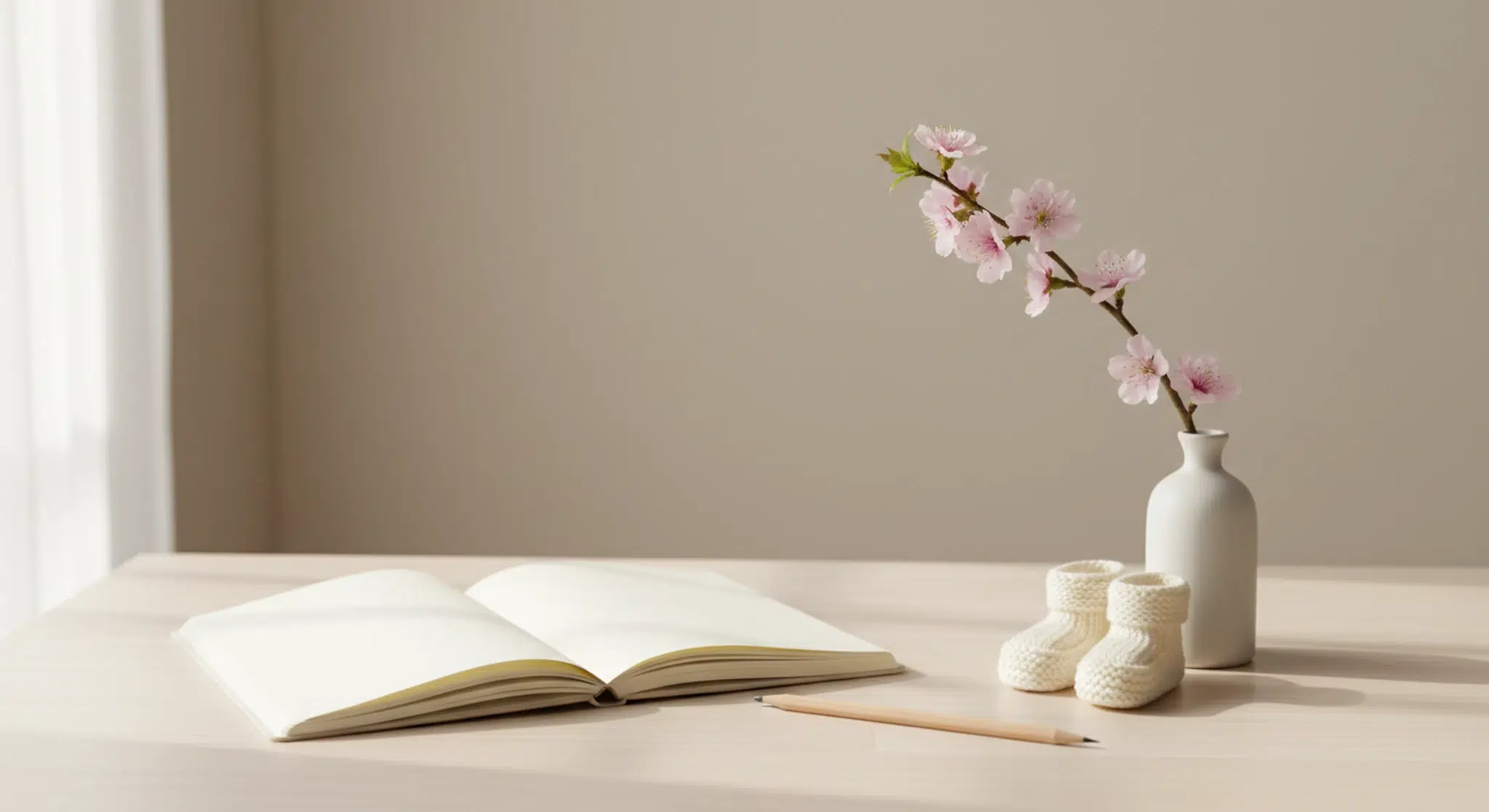 Blank notebook, pencil and tiny knitted baby booties beside a small white vase with one branch of pink cherry blossom on a pale wooden table