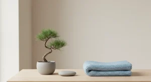 Korean Boy Names 69 Names with Hangul Hanja and Meanings | Betteroo Small pine bonsai in a gray pot, a smooth river stone and a folded light-blue knit baby blanket on a light wooden table