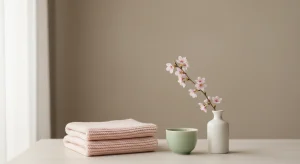 A celadon-green cup, a cherry blossom sprig in a white bud vase and a folded pale-pink knit baby blanket on a light wooden table