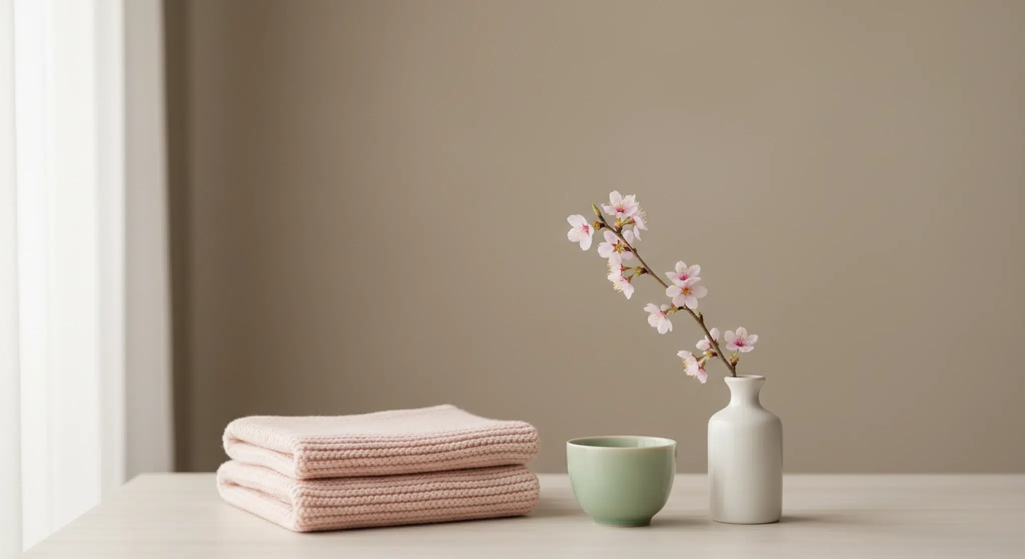 Korean Girl Names 135 Names with Hangul Hanja and Meanings | Betteroo A celadon-green cup, a cherry blossom sprig in a white bud vase and a folded pale-pink knit baby blanket on a light wooden table