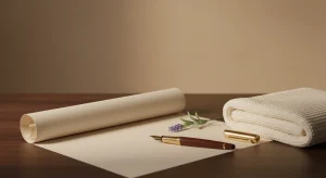 A blank cream paper scroll, a fountain pen, a sprig of lavender and a folded ivory knit baby blanket on a dark walnut table