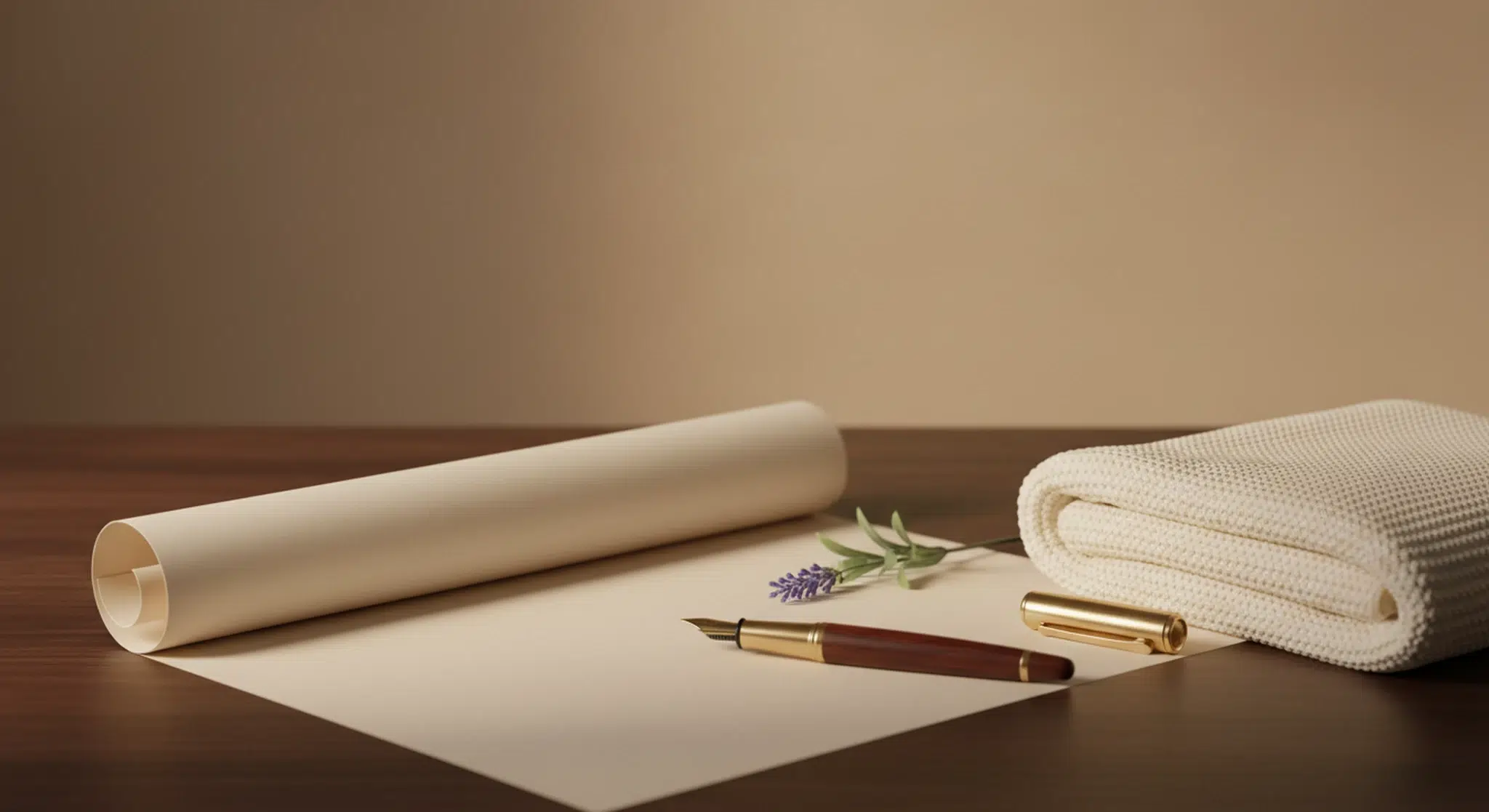 A blank cream paper scroll, a fountain pen, a sprig of lavender and a folded ivory knit baby blanket on a dark walnut table